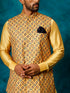 Vastramay Men's Mustard Geometric Printed Nehru Jacket With Curved Kurta And Pant Set